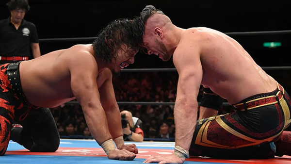 Shingo Takagi and Will Ospreay trade headbutts on their hands and knees during the BOSJ finals.